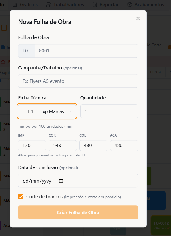 Criação de uma nova folha de obra